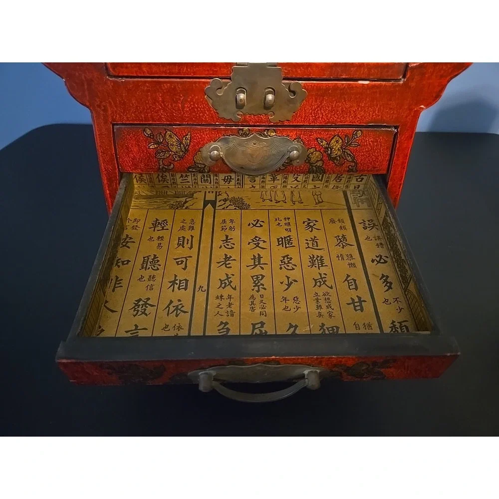Old‎ Chinese Red lacquerware Wood Dragon Phoenix Flower Drawer Makeup Box